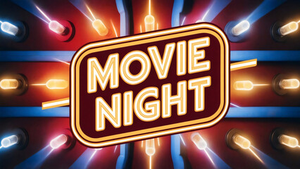 Illustration of a retro-styled signboard "Movie Night" text logo, set against the backdrop of a marquee inspired wall with isolated, colorful realistic lights, blend of neon and traditional bulbs, bar