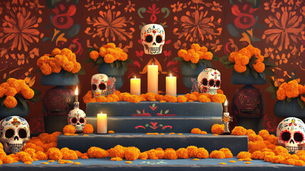 A podium adorned with traditional Day of the Dead decorations, including marigold flowers, sugar skulls, and candles, set against a festive Mexican pattern backdrop.