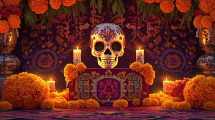 A festive podium decorated with colorful sugar skulls, marigold flowers, and glowing candles, set against a traditional Mexican pattern backdrop for Day of the Dead.