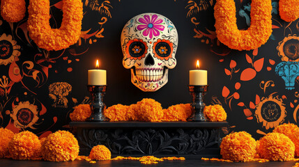 A podium with vibrant sugar skulls, marigold garlands, and flickering candles, set against a dark, festive Day of the Dead backdrop with traditional patterns.