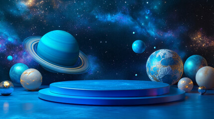 A cosmic-themed blue podium with planets, stars, and a glowing galaxy backdrop, celebrating World Space Week with futuristic space decorations.