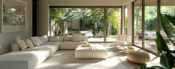 Airy Scandinavian sunroom with minimalist furniture, a neutral color palette, and seamless...