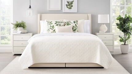 A serene bedroom showcases a floral-patterned blanket and cream quilt cover on a neatly made bed, complemented by white pillows and a rustic vintage rug beneath