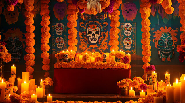 A podium decorated with bright marigold garlands, glowing candles, and sugar skulls, set against a vibrant backdrop with intricate Mexican motifs for Day of the Dead.