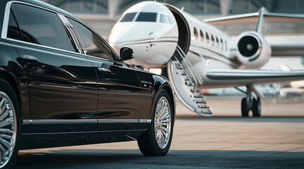 View of black luxury limousine car with private white jet in the background at the airport, private luxury escort