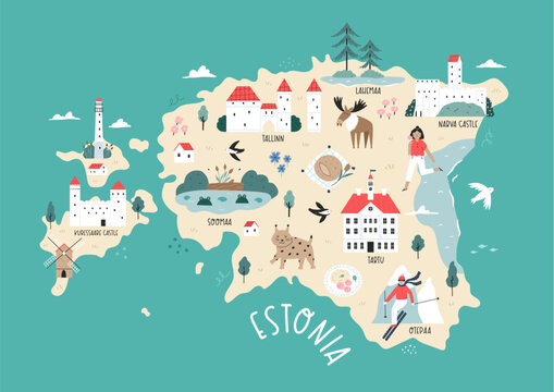 Detailed Hand-Drawn Map of Estonia with Landmarks and Cultural Symbols. Perfect for Travel, Decor, Framing