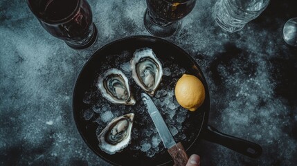 National Oyster Day concept for culinary magazines, seafood restaurants, blogs, and restaurants. Fresh oysters on crushed ice with wedges of lemon. A concept for culinary magazines, cafes,