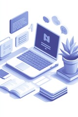  illustration of digital workspace with laptop, smartphone, and social media elements on purple background