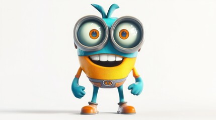 A cheerful blue and orange cartoon character with large eyes and a wide smile.