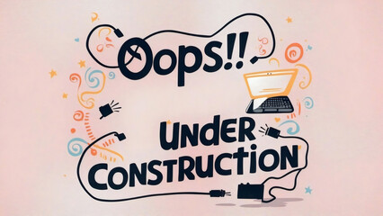 Playful design with a light pink background with quirky text "Oops! Website is under construction", alongside a laptop and loose cables, whimsical touch of colorful swirls and shapes, technology 