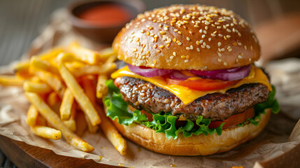A classic cheeseburger with a side of crispy fries, photographed using HDR imaging to enhance the dynamic range