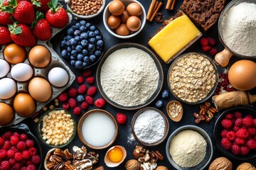 View of various ingredients and cooking utensils for baking cakes and desserts
