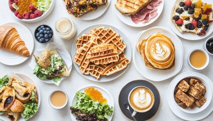 Coffee, croissants, and waffles for breakfast