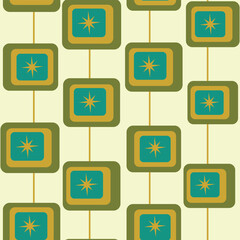 Mid century modern atomic starbursts on abstract square shapes seamless pattern  in green, teal and mustard yellow on light cream background. For wallpaper, home décor and textile