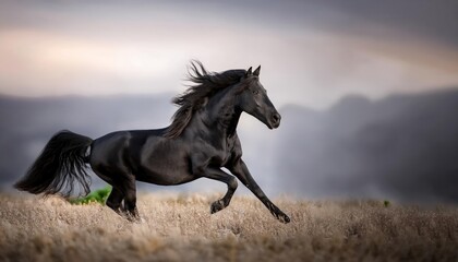 Fototapeta premium horse runs. Black horse play on the meadow 