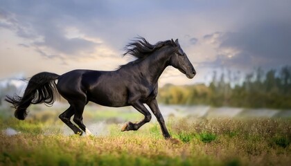 horse runs. Black horse play on the meadow 