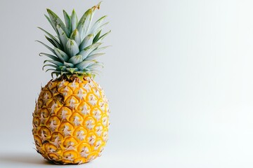 With textured golden skin and a lush green crown, this pineapple presents soft shadows on a crisp white background, highlighting the intricate details of tropical fruits.