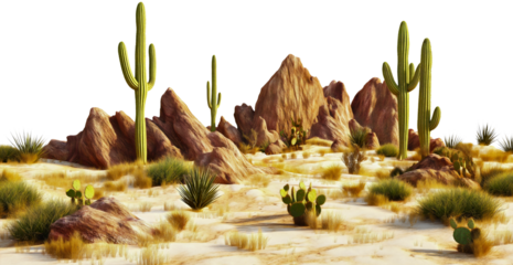 Desert landscape isolated, sandy dunes with cactus and rocks, dry nature scene illustration, wild adventure environment concept, barren terrain travel imagery