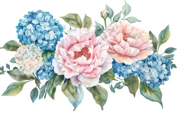 A bouquet of flowers with pink, white and blue flowers, generative ai image