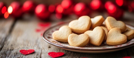 Top view of homemade heart-shaped cookies on white table Valentine's Day greeting card Love theme. Copy space for text or design.