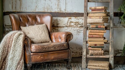 A cozy reading nook with a vintage leather armchair, a stack of old books, and a rustic wooden ladder with woven blankets