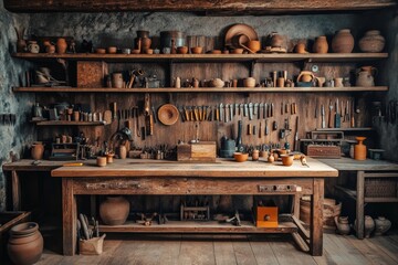 This cluttered workbench is perfect for DIY, crafting, or workshop settings