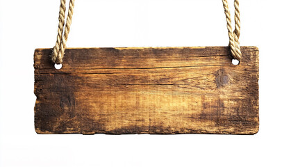 A rustic wooden sign hangs by ropes against a white background, showcasing a weathered, vintage look.