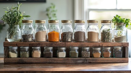 A detailed view of a handcrafted wooden spice rack filled with glass jars of herbs and spices in a rustic farmhouse kitchen