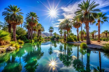 Obraz premium Tranquil Desert Oasis Surrounded by Lush Palm Trees and Sparkling Water Beneath a Clear Blue Sky