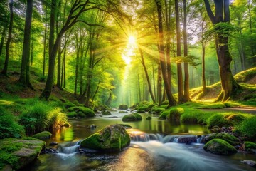 Tranquil Forest Scene with Sunlight Filtering Through Lush Green Leaves and a Gentle Stream Flowing