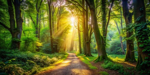 Tranquil Forest Pathway Surrounded by Lush Greenery and Sunlight Filtering Through the Trees