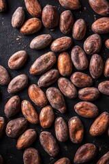 Obraz premium Atop a dark surface are gourmet chocolate pieces and cocoa beans