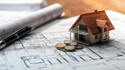 A miniature house model placed on top of architectural blueprints, with coins and a pen beside it, symbolizing real estate.