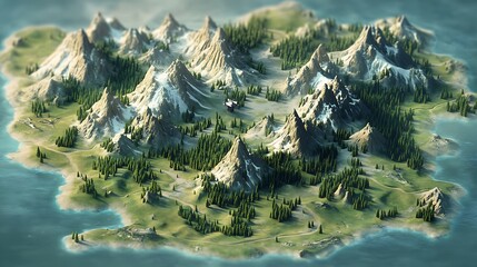 Aerial view of a fantasy island with snow capped mountains, forests, and a river