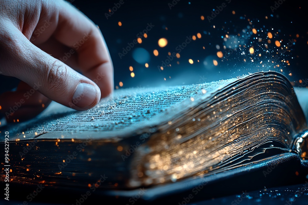 Poster a hyper-realistic close-up of a hand flipping through the pages of a dusty old book, with every deta