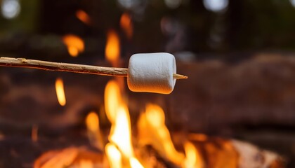 Candy camping. Marshmallow on a stick being roasted over a camping fire 