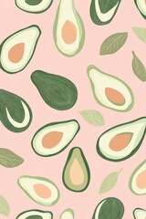 Half seedless green avocados on pink background with hard light. Textured food design.