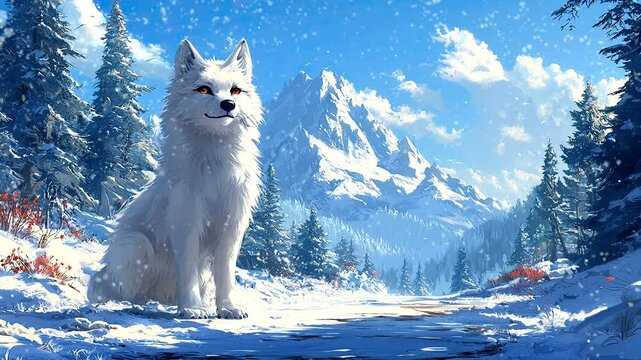 White wolf sitting in snowy mountain landscape under a blue sky. Seamless looping 4k time-lapse video background.