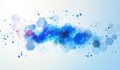 Abstract blue hexagons and dots on a white background, conveying a futuristic and technological theme with intricate geometric patterns and dynamic motion.