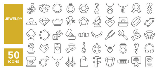 Set of 50 line icons related to jewelry, gem, stones, accessories, ring, gold, necklace, diamond, amulet, earring, sapphire, Editable stroke. Vector illustration