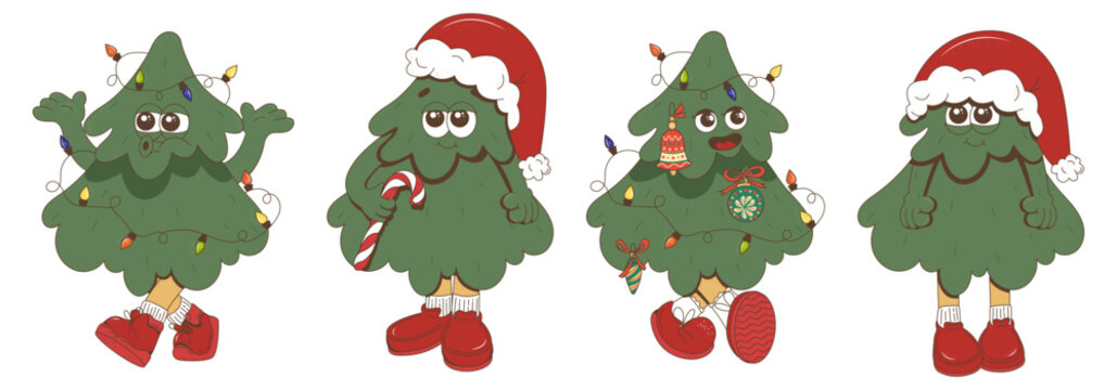 A set of vector clockwork Christmas trees in a groovy style. A Christmas tree with lanterns in a Santa Claus hat for the design of packages and postcards. Merry Christmas and Happy New Year.