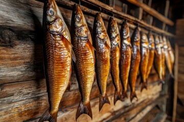 The mackerel is hung in a special metal container and prepared for smoking