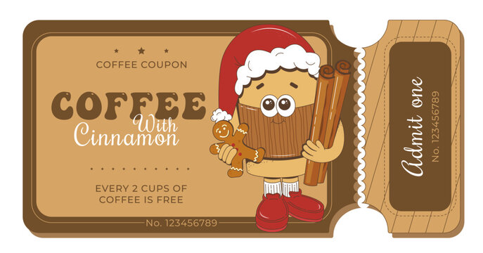 A voucher for coffee with cinnamon. A cafe gift card with a discount on coffee. Vector illustration. The character is a mascot in a groovy style.