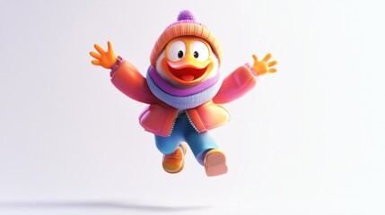 A Cheerful Cartoon Bird Wearing Winter Clothing and Jumping