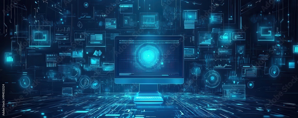 Wall mural abstract digital illustration of a futuristic computer interface with glowing holographic elements