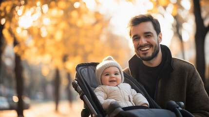 Father and dad, man with baby in stroller, parent and child outdoor in park, pram rolls along path, family enjoys sunny day, male bonding time, care and love