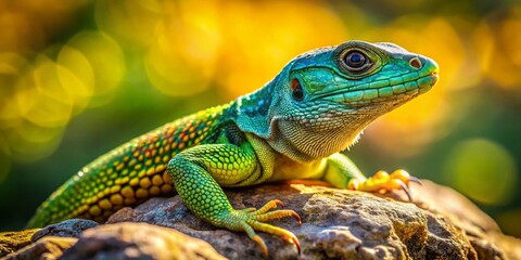 Fototapeta premium Unique Lizard Without Tail Crawling on Rocks in Natural Habitat Under Bright Sunlight in Nature