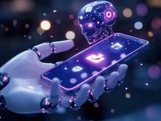 Futuristic technology concept featuring an animated purple robot interacting with a smartphone displaying social media icons