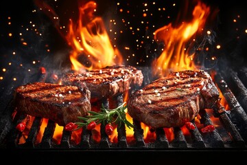 A range of grilled meats with vegetables on a barbeque grill with smoke and flames.