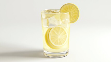 A glass of lemonade with lemon slices and ice